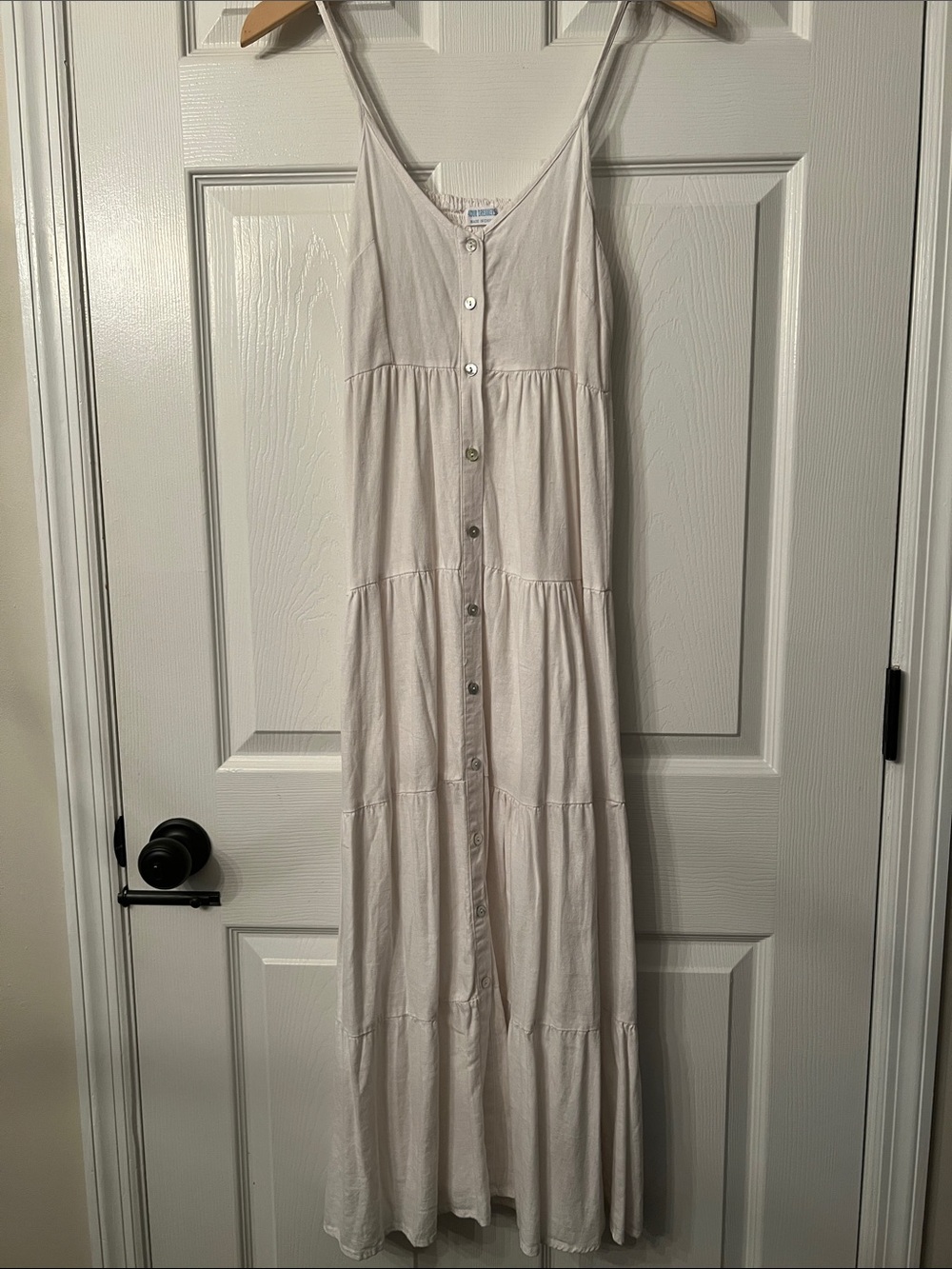 Soft White Tiered Button-Front Maxi Dress with Adjustable Straps
